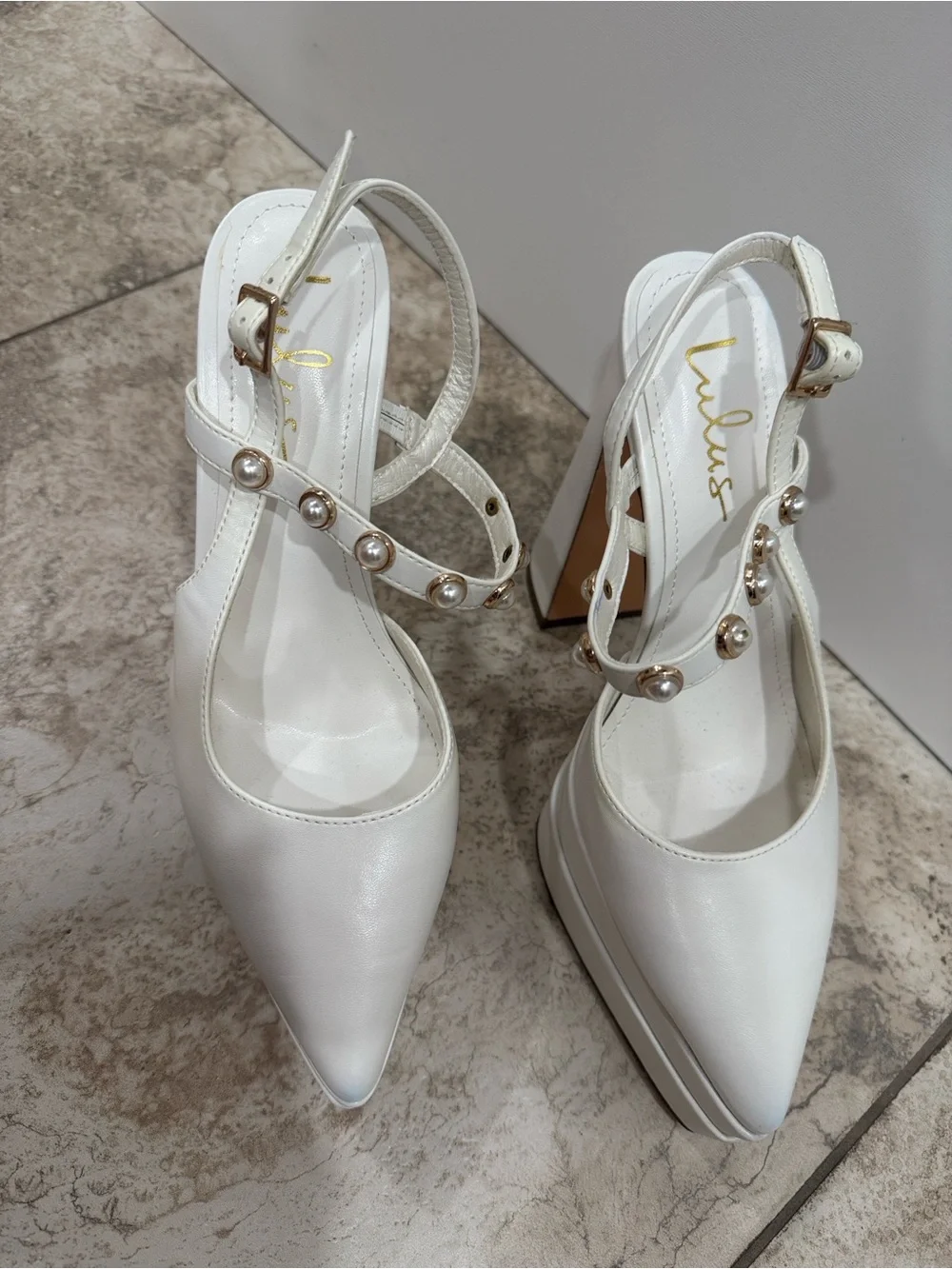 Lulu’s Dayla White Pearl Double Platform Ankle Strap Pumps